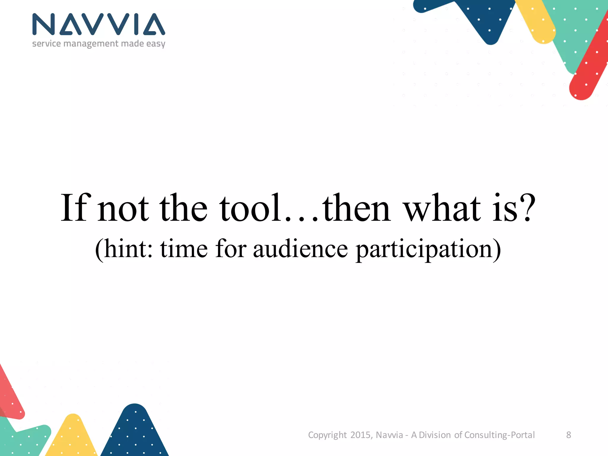 Copyright	
  2015,	
  Navvia	
  -­‐ A	
  Division	
  of	
  Consulting-­‐Portal 8
If not the tool…then what is?
(hint: time for audience participation)
 