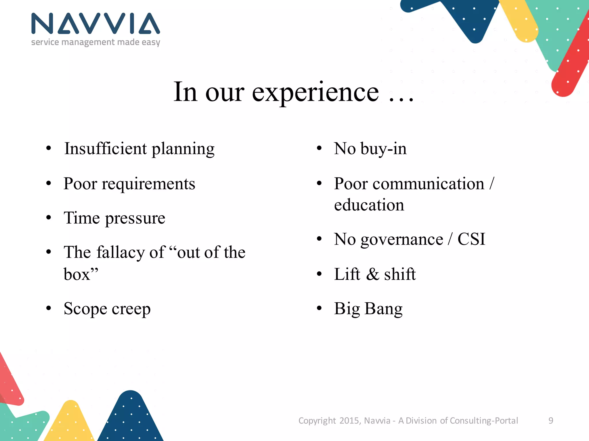 • Insufficient planning
• Poor requirements
• Time pressure
• The fallacy of “out of the
box”
• Scope creep
• No buy-in
• Poor communication /
education
• No governance / CSI
• Lift & shift
• Big Bang
Copyright	
  2015,	
  Navvia	
  -­‐ A	
  Division	
  of	
  Consulting-­‐Portal 9
In our experience …
 