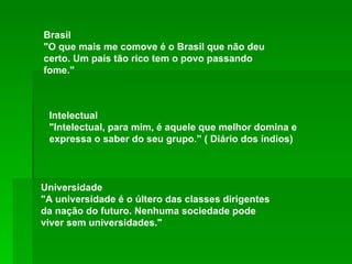 Brasil  "O que mais me comove é o Brasil que não deu certo. Um país tão rico tem o povo passando fome."  Universidade  "A universidade é o últero das classes dirigentes da nação do futuro. Nenhuma sociedade pode viver sem universidades."  Intelectual  "Intelectual, para mim, é aquele que melhor domina e expressa o saber do seu grupo.” ( Diário dos índios) 
