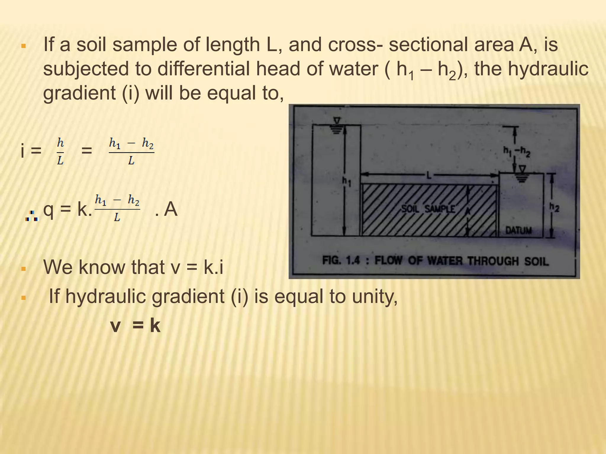    If a soil sample of length L, and cross- sectional area A, is
     subjected to differential head of water ( h1 – h2), the hydraulic
     gradient (i) will be equal to,

i=       =

     q = k.       .A

    We know that v = k.i
    If hydraulic gradient (i) is equal to unity,
            v =k
 