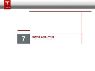 Swot Analysis
Tesla Swot Analysis
Strengths Opportunities
Weaknesses Threats
• Product: fastest and most energy-efficient ...