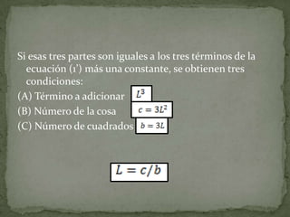 Si esas tres partes son iguales a los tres términos de la
  ecuación (1’) más una constante, se obtienen tres
  condiciones:
(A) Término a adicionar
(B) Número de la cosa
(C) Número de cuadrados
 