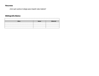 Recursos
¿Con qué cuenta el colegio para impartir esta materia?

Bibliografía Básica
Libro

Autor

Editorial

 