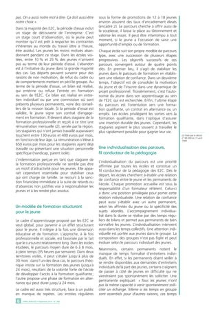 pas. On a aussi notre mot à dire. Ça doit aussi être 
notre choix ». 
Dans la majorité des E2C, la période d’essai inclut 
un stage de découverte de l’entreprise. C’est 
un stage court d’observation, où le jeune peut 
montrer qu’il est prêt à respecter les contraintes 
inhérentes au monde du travail (être à l’heure, 
être assidu). Les jeunes les moins motivés aban-donnent 
pendant ce stage. Dans les écoles visi-tées, 
entre 10 % et 25 % des jeunes n’arrivent 
pas au terme de leur période d’essai. L’abandon 
est à l’initiative du jeune dans la grande majorité 
des cas. Les départs peuvent survenir pour des 
raisons de non motivation, de refus du cadre ou 
de comportements mettant en péril le groupe. Au 
terme de la période d’essai, un bilan est réalisé, 
qui entérine ou refuse l’entrée en formation 
au sein de l’E2C. Ce bilan est réalisé en entre-tien 
individuel ou par une commission où sont 
présents plusieurs permanents, voire des conseil-lers 
de la mission locale. Si la période d’essai est 
validée, le jeune signe son contrat d’engage-ment 
en formation. Il devient alors stagiaire de la 
formation professionnelle et reçoit à ce titre une 
rémunération mensuelle (2), versée par la région. 
Les stagiaires qui n’ont jamais travaillé auparavant 
touchent entre 130 euros et 400 euros par mois, 
en fonction de leur âge. La rémunération s’élève à 
650 euros par mois pour les stagiaires ayant déjà 
travaillé ou présentant une situation personnelle 
spécifique (handicap, parent isolé). 
L’indemnisation perçue en tant que stagiaire de 
la formation professionnelle ne semble pas être 
un motif d’attractivité pour les jeunes. Elle appa-raît 
cependant essentielle pour stabiliser ceux 
qui ont charge de famille. Le recours à la sanc-tion 
financière immédiate à la suite de retards ou 
d’absences non justifiés vise à responsabiliser les 
jeunes et à les rendre plus assidus. 
Un modèle de formation structurant 
pour le jeune 
Le cadre d’apprentissage proposé par les E2C se 
veut global, pour parvenir à un effet structurant 
pour le jeune. Il intègre à la fois une dimension 
éducative et de formation. L’approche, à la fois 
professionnelle et sociale, est favorisée par le fait 
que le cursus est relativement long. Dans les écoles 
étudiées, le parcours moyen dure de 6 à 8 mois, 
à plein temps (35 heures par semaine). Dans deux 
territoires visités, il peut s’étaler jusqu’à plus de 
30 mois : dans l’un des deux cas, le parcours théo-rique 
insiste sur la formation des jeunes (jusqu’à 
24 mois), résultant de la volonté forte de l’école 
de développer l’accès à la formation qualifiante ; 
l’autre propose une phase de formation en alter-nance 
qui peut durer jusqu’à 24 mois. 
Le cadre est aussi très structuré, face à un public 
en manque de repères. Les entrées régulières 
6 DARES ANALYSES • Septembre 2014 - N° 068 
sous la forme de promotions de 12 à 18 jeunes 
environ assurent des taux d’encadrement élevés 
(encadré 2). Le parcours cherche à offrir aussi de 
la souplesse, il laisse la place au tâtonnement et 
valorise les essais. Il peut être interrompu à tout 
moment, si le jeune a l’occasion de saisir une 
opportunité d’emploi ou de formation. 
Chaque école suit son propre modèle de parcours 
type, avec une succession de plusieurs étapes 
progressives. Les objectifs successifs de ces 
parcours convergent autour de quatre points 
clés. En premier lieu, il s’agit de stabiliser les 
jeunes dans le parcours de formation en établis-sant 
une relation de confiance. Dans un deuxième 
temps, l’objectif est de consolider la motivation 
du jeune et de l’inscrire dans une dynamique de 
projet professionnel. Troisièmement, c’est l’auto-nomie 
du jeune dans son apprentissage au sein 
de l’E2C qui est recherchée. Enfin, l’ultime étape 
du parcours est l’orientation vers une forma-tion 
qualifiante, un contrat en alternance ou un 
emploi. Les écoles privilégient les sorties vers la 
formation qualifiante, dans l’optique d’assurer 
une insertion durable des jeunes. Cependant, les 
stagiaires aspirent le plus souvent à travailler le 
plus rapidement possible pour gagner leur vie. 
Une individualisation des parcours, 
fil conducteur de la pédagogie 
L’individualisation du parcours est une priorité 
affirmée par toutes les écoles et constitue un 
fil conducteur de la pédagogie des E2C. Dès le 
départ, les écoles cherchent à établir une relation 
de confiance entre le jeune et les permanents de 
l’école. Chaque promotion accueillie est sous la 
responsabilité d’un formateur référent. Celui-ci 
a donc une position privilégiée pour porter cette 
relation individualisée. Une relation de confiance 
peut aussi s’établir avec un autre permanent, 
selon les affinités du jeune ou la spécificité des 
sujets abordés. L’accompagnement individua-lisé 
dans la durée se réalise par des temps régu-liers 
de bilans et permet aux permanents de bien 
connaître les jeunes. L’individualisation intervient 
aussi dans les temps collectifs. Une attention indi-viduelle 
est portée aux jeunes dans le groupe. La 
composition des groupes n’est pas figée et peut 
évoluer selon le parcours individuel des jeunes. 
Néanmoins, certains permanents notent le 
manque de temps formalisé d’entretiens indivi-duels. 
En effet, si les permanents disent veiller à 
se rendre disponibles aux demandes d’entretiens 
individuels de la part des jeunes, certains craignent 
de passer à côté de jeunes en difficulté qui ne 
viendraient pas spontanément les solliciter. Une 
permanente expliquait : « Tous les jeunes n’ont 
pas la même capacité à venir spontanément solli-citer 
un échange. Même si les temps en groupe 
sont essentiels pour d’autres raisons, ces temps 
(2) Fixée par le décret 
n° 88-368 du 15 avril 
1988. 
 