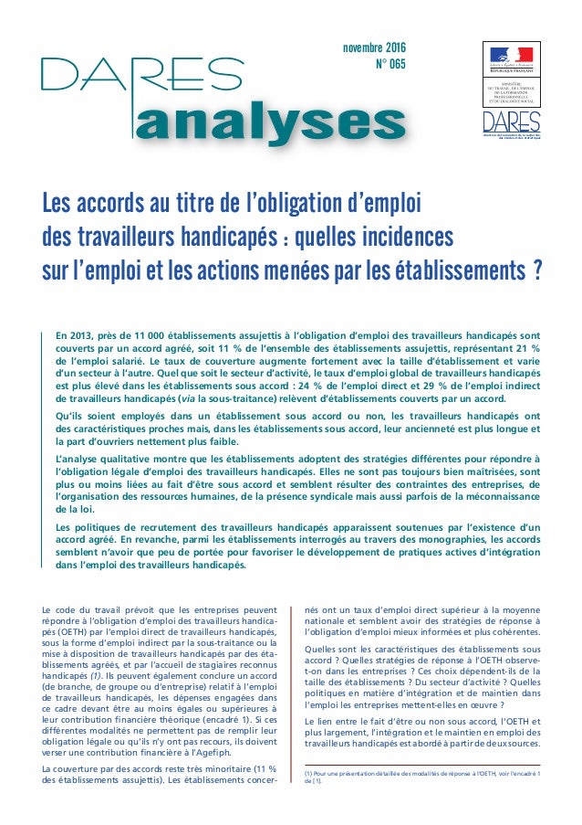 Les  accords au titre de l’obligation d’emploi des travailleurs handicapés : quelles incidences sur l’emploi et les actions menées par les établissements ?