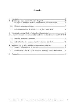 Sommaire
1. Introduction......................................................................................................................... 5
2. Qu’est-ce que ce que le dispositif « Zéro charge » ? .......................................................... 5
2.1. Un dispositif temporaire et ciblé d’allégements des cotisations sociales.................... 5
2.2. Éléments de cadrage statistiques ................................................................................. 7
2.3. Une estimation du taux de recours à l’ATPE pour l’année 2009 .............................. 10
3. Panorama des mesures d'aide à l'embauche et effets attendus.......................................... 11
3.1. Mesures similaires mises en œuvre hors de France au cours de la crise de 2008-2010 11
3.2. Les effets attendus de ces mesures ............................................................................ 12
3.3. Aides à l’embauche : que nous disent les évaluations réalisées ? ............................. 16
4. Quel impact sur les flux d'emploi de la mesure « Zéro charge » ? ................................... 18
4.1. Sources d’information sur les entreprises.................................................................. 18
4.2. Estimations de l’effet de l’ATPE sur les flux d’entrée et sortie d’établissement...... 20
5. Conclusion ........................................................................................................................ 34
Document d’études – Dares – 2017 – «L’impact du dispositif « Zéro charges » de 2009 sur les embauches des très petites entreprises» 1
 