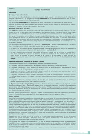 Encadré 1
Sources et définitions
Définitions
Droits ouverts et indemnisation
Une personne est indemnisable par une allocation, ou a des droits ouverts à cette allocation, si elle a déposé une
demande d’allocation qui a été acceptée. Une période indemnisable est un épisode pendant lequel un droit est ouvert,
qu’il y ait ou non un paiement effectif sur cette période.
Une personne est indemnisée par une allocation si elle perçoit effectivement une indemnisation au titre de ce droit.
Certaines situations (activité réduite, différé ou délai d’attente, sanction) peuvent expliquer qu’une personne soit indemni-
sable par une allocation, mais pas indemnisée à une date donnée.
Entrées et sorties d’une allocation
Une entrée dans une allocation désigne une ouverture de droit à cette allocation ou bien la reprise d’un droit qui a été inter-
rompu, que ce soit en raison d’une prise en charge par une autre allocation ou d’une interruption totale de la prise charge
(pour radiation par exemple). En particulier, les bascules depuis l’Aref sont considérées comme des entrées à l’ARE.
Une sortie d’une allocation correspond à une interruption du droit à cette allocation pour un jour ou plus : que ce soit en
raison d’une bascule vers une autre allocation ou d’une interruption totale de la prise charge. En particulier, les bascules de
l’ARE à l’Aref sont considérées, sauf mention contraire, comme des sorties de l’ARE. Lorsqu’une personne cesse de perce-
voir une allocation, mais que le droit reste ouvert (pratique d’une activité réduite par exemple), on considère qu’il n’y a pas
de sortie de l’allocation.
Une personne peut devenir indemnisable par l’ARE sur un « nouveau droit », dès lors qu’elle ne dispose pas d’un reliquat
issu d’un droit précédent (1). Si elle dispose d’un reliquat, deux cas de figure se présentent :
-	 soit elle ne s’est pas, depuis sa dernière période indemnisable, constitué de nouveau droit ; dans ce cas, elle reprend à
	 l’identique le reliquat de son droit précédent. On parle alors d’une reprise de droit.
-	 soit elle a, depuis sa dernière période indemnisable, suffisamment travaillé pour se constituer un nouveau droit ;
	 dans ce cas, son droit, dit « hybride », est déterminé en comparant le reliquat du droit précédent et le droit nouvel-
	 lement acquis, en retenant le montant journalier et le capital (2) les plus élevés. La durée du droit est
	 obtenue en rapportant le capital ou le montant journalier ainsi déterminés. On parle alors de réadmission ou de droit
	hybride.
Catégories d’inscription et dispense de recherche d’emploi
Les demandeurs d’emploi inscrits à Pôle emploi sont regroupés en différentes catégories.
-	 Catégorie A : demandeurs d’emploi tenus de faire des actes positifs de recherche d’emploi, sans emploi.
-	 Catégorie B : demandeurs d’emploi tenus de faire des actes positifs de recherche d’emploi, ayant exercé une activité
	 réduite courte (i.e. de 78 heures ou moins au cours du mois).
-	 Catégorie C : demandeurs d’emploi tenus de faire des actes positifs de recherche d’emploi, ayant exercé une activité
	 réduite longue (i.e. de plus de 78 heures au cours du mois).
-	 Catégorie D : demandeurs d’emploi non tenus de faire des actes positifs de recherche d’emploi, sans emploi en raison
	 d’un stage, d’une formation, d’une maladie…, y compris les demandeurs d’emploi en contrat de sécurisation profession-
nelle (CSP).
-	 Catégorie E : demandeurs d’emploi non tenus de faire des actes positifs de recherche d’emploi, en emploi (par
	 exemple : bénéficiaires de contrats aidés, créateurs d’entreprise).
La dispense de recherche d’emploi (DRE) permettait aux allocataires de l’assurance chômage ou du régime de solidarité
seniors de conserver leur droit à indemnisation sans être inscrits sur les listes de Pôle emploi. À partir de 2009, l’âge minimal
pour bénéficier de la DRE a été progressivement relevé. Depuis début 2012, plus aucune entrée n’est possible. Les données
disponibles ne permettent de suivre les personnes en DRE que lorsqu’elles sont indemnisables (par l’assurance chômage ou
une allocation du régime de solidarité).
Pour être indemnisable par l’assurance chômage, il faut être inscrit sur les listes de demandeurs d’emploi ou dispensé de
recherche d’emploi. Les indemnisables par l’ARE sont en grande majorité inscrits en catégories A, B et C.
Source mobilisée
Les chiffres présentés dans cette publication sont issus du segment D3, un extrait du fichier national des allocataires (FNA)
de Pôle emploi, apparié au fichier historique statistique (FHS) de Pôle emploi. L’appariement est constitué d’un échantillon
au 1/10e
des demandeurs d’emploi inscrits à Pôle emploi au moins un jour entre le 1er
janvier 2003 et le 31 décembre 2012.
Pour cet échantillon, le FHS est enrichi de l’ensemble des périodes indemnisables depuis 1999 enregistrées dans le FNA (y
compris celles postérieures à leur sortie des listes pour les personnes dispensées de recherche d’emploi), cet enrichissement
constituant le « segment D3 ». Le D3 porte sur les périodes indemnisables des anciens salariés du secteur privé, mais égale-
ment des anciens salariés du public en cas de convention de gestion ou d’adhésion à l’assurance chômage de l’employeur.
Les périodes indemnisées directement par un employeur dans le cadre de l’auto-assurance sont donc considérées comme
des périodes non indemnisables. Le FHS enregistre par ailleurs l’ensemble des périodes d’inscription sur les listes de Pôle
emploi au cours des 10 dernières années, les motifs d’entrée et de sortie des listes, et les caractéristiques des demandeurs
d’emploi qui sont renseignées à leur inscription.
L’appariement ainsi constitué permet de connaître les caractéristiques sociodémographiques de ces demandeurs
d’emploi, leurs épisodes d’inscription à Pôle emploi ainsi que leurs épisodes d’indemnisation par les allocations gérées par
Pôle emploi (de l’assurance chômage ou du régime de solidarité).
Les statistiques sont arrêtées au 30 septembre 2012. En effet, les données d’indemnisation utilisées ont été extraites en
mars 2013 et peuvent être considérées comme consolidées à partir de six mois de recul. D’une année à l’autre, de légers
écarts peuvent apparaître pour une statistique d’une date donnée, en raison de l’échantillonnage et des révisions ex post.
(1) Ou que son reliquat, trop ancien, est déchu.
(2) Le capital est défini comme la durée du droit, exprimée en jours, multipliée par le montant journalier de l’allocation. Il représente donc la somme totale qui
peut être perçue au titre de ce droit.
3DARES ANALYSES • Mai 2014 - N° 036
 