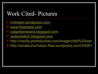Work Cited- Pictures mrbreen.wordpress.com   www.freewebs.com   calgoldenbears.blogspot.com   sudanwatch.blogspot.com http://media.photobucket.com/image/child%20starvation%20in%20%20darfur/ILoveAfrica/starvation.jpg http://amateurscholars.files.wordpress.com/2008/10/janjaweed.gif 