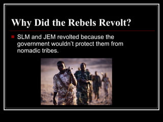 Why Did the Rebels Revolt? SLM and JEM revolted because the government wouldn’t protect them from nomadic tribes. 