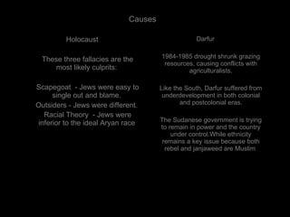 Causes   Holocaust These three fallacies are the most likely culprits:  Scapegoat  - Jews were easy to single out and blame.  Outsiders -   Jews were different.  Racial Theory  - Jews were inferior to the ideal Aryan race   Darfur 1984-1985 drought shrunk grazing resources, causing conflicts with agriculturalists. Like the South, Darfur suffered from underdevelopment in both colonial and postcolonial eras. The Sudanese government is trying to remain in power and the country under control.While ethnicity remains a key issue because both rebel and janjaweed are Muslim  