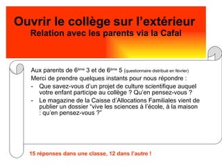 Ouvrir le collège   sur l’extérieur   Relation avec les parents via la Cafal Aux parents de 6 ème  3 et de 6 ème  5  ( questionnaire distribué en février)‏ Merci de prendre quelques instants pour nous répondre : Que savez-vous d’un projet de culture scientifique auquel votre enfant participe au collège ? Qu’en pensez-vous ? Le magazine de la Caisse d’Allocations Familiales vient de publier un dossier “vive les sciences à l’école, à la maison : qu’en pensez-vous ?”  15 réponses dans une classe, 12 dans l’autre ! 