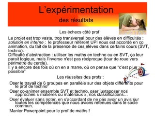 Oser le travail de 6 groupes en parallèle sur des objets différents pour le prof de techno Oser co-animer ensemble SVT et techno, oser juxtaposer nos approches « matières ou matériaux », nos classifications… Oser évaluer sans noter, en s’accordant de ne pas avoir un avis sur toutes les compétences que nous avions retenues dans le socle commun. Manier Powerpoint pour le prof de maths ! L’expérimentation  des résultats   Le projet est trop vaste, trop transversal pour des élèves en difficultés :  solution en interne  :  le professeur référent UPI nous est accordé en co animation, du fait de la présence de ces élèves dans certains cours (SVT, techno). Difficulté d’abstraction : utiliser les maths en techno ou en SVT, ça leur parait logique, mais l'inverse n'est pas réciproque (tour de roue vers périmètre du cercle). Il y a encore des fois où on en a marre, où on pense que “c’est plus possible” Les échecs côté prof Les réussites des profs :   