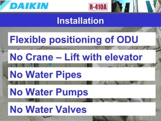 Installation
Flexible positioning of ODU
No Crane – Lift with elevator
No Water Pipes
No Water Pumps
No Water Valves
 
