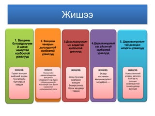 Жишээ 
1. Вакцины 
бүтээгдэхүүни 
й шинж 
чанартай 
холбоотой 
урвалууд 
ЖИШЭЭ: 
Гуравт вакцин 
хийсний дараа 
тунгалгийн 
булчирхай 
хавдах 
2. Вакцины 
чанарын 
доголдолтой 
холбоотой 
урвалууд 
ЖИШЭЭ: 
Полиогийн 
идэвхгүйжүүлсэн 
вакциныг 
үйлдвэрлэгчид бүрэн 
гүйцэд идэвхгүй- 
жүүлээгүй-гээс болж 
саажилтат 
полиомиелит үүсэх 
3.Дархлаажуулалт 
ын алдаатай 
холбоотой 
урвалууд 
ЖИШЭЭ: 
Олон тунгаар 
савласан 
вакцин 
бохирсоноос 
болж халдвар 
тархах 
4.Дархлаажуулалт 
аас айсантай 
холбоотой 
урвалууд 
ЖИШЭЭ: 
Өсвөр 
насныхан 
вакцинжуулалт 
ын дараа .... 
5. Дархлаажуулалт- 
тай давхцаж 
илэрсэн урвалууд 
ЖИШЭЭ: 
Хумхаа өвчний 
улмаас халуурч 
байгаа нь 
вакцин 
хийлгэсэнтэй 
тохиолдлоор 
давхцах 
 