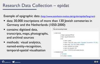 Research Data Collection – epidat
Example of epigraphic data (http://www.steinheim-institut.de/cgi-bin/epidat?lang=en):
 data: 30.000 inscriptions of more than 130 Jewish cemeteries in
Germany and the Netherlands (1050-2000)
 contains: digitized data,
transcripts, maps, photographs,
and archival sources
 methods: visual analytics,
named-entity-recognition,
temporal-spatial visualisation
 
