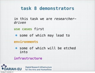 task 8 demonstrators

                         in this task we are researcher-
                         driven
                         use cases first
                           some of which may lead to
                         environments
                           some of which will be etched
                           into
                         infrastructure


                                           1
dinsdag 27 november 12
 