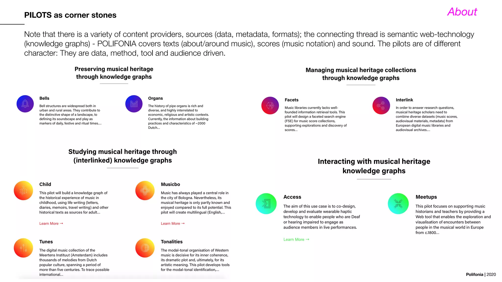 Polifonia | 2020
PILOTS as corner stones
Note that there is a variety of content providers, sources (data, metadata, formats); the connecting thread is semantic web-technology
(knowledge graphs) - POLIFONIA covers texts (about/around music), scores (music notation) and sound. The pilots are of diﬀerent
character: They are data, method, tool and audience driven.
About
 