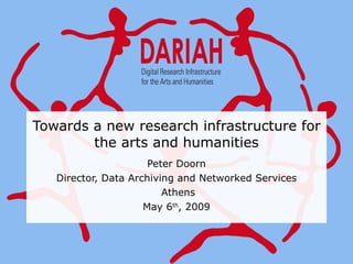 Towards a new research infrastructure for the arts and humanities Peter Doorn Director, Data Archiving and Networked Services Athens May 6 th , 2009 
