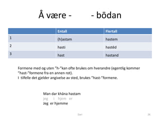 Å være -                      - bōdan
                          Entall                     Flertall
1                         (h)astam                   hastem
2                         hasti                      hastēd
3                         hast                       hastand


    Formene med og uten ”h-”kan ofte brukes om hverandre (egentlig kommer
    ”hast-”formene fra en annen rot).
    I tilfelle det gjelder angivelse av sted, brukes ”hast-”formene.


                  Man dar khāna hastam
                  jeg i hjem er
                  Jeg er hjemme

                                     Dari                                   26
 