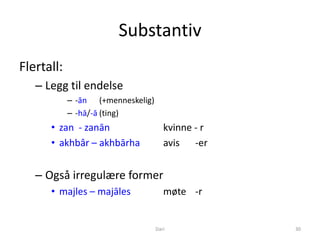 Substantiv
Flertall:
   – Legg til endelse
            – -ān (+menneskelig)
            – -hā/-ā (ting)
      • zan - zanān                   kvinne - r
      • akhbâr – akhbārha             avis -er


   – Også irregulære former
      • majles – majāles              møte -r


                                   Dari            30
 