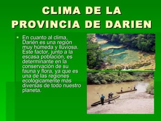 CLIMA DE LA PROVINCIA DE DARIEN En cuanto al clima, Darién es una región muy húmeda y lluviosa.  Este factor, junto a la escasa población, es determinante en la conservación de su fauna y flora, ya que es una de las regiones ecológicamente más diversas de todo nuestro planeta.  