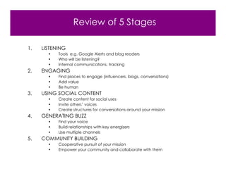 Review of 5 Stages

1.   LISTENING
       •   Tools e.g. Google Alerts and blog readers
       •   Who will be listening?
       •   Internal communications, tracking
2.   ENGAGING
       •   Find places to engage (influencers, blogs, conversations)
       •   Add value
       •   Be human
3.   USING SOCIAL CONTENT
       •   Create content for social uses
       •   Invite others’ voices
       •   Create structures for conversations around your mission
4.   GENERATING BUZZ
       •   Find your voice
       •   Build relationships with key energizers
       •   Use multiple channels
5.   COMMUNITY BUILDING
       •   Cooperative pursuit of your mission
       •   Empower your community and collaborate with them
 