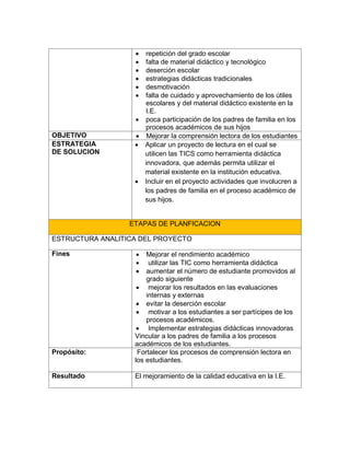  repetición del grado escolar
 falta de material didáctico y tecnológico
 deserción escolar
 estrategias didácticas tradicionales
 desmotivación
 falta de cuidado y aprovechamiento de los útiles
escolares y del material didáctico existente en la
I.E.
 poca participación de los padres de familia en los
procesos académicos de sus hijos
OBJETIVO  Mejorar la comprensión lectora de los estudiantes
ESTRATEGIA
DE SOLUCION
 Aplicar un proyecto de lectura en el cual se
utilicen las TICS como herramienta didáctica
innovadora, que además permita utilizar el
material existente en la institución educativa.
 Incluir en el proyecto actividades que involucren a
los padres de familia en el proceso académico de
sus hijos.
ETAPAS DE PLANFICACION
ESTRUCTURA ANALITICA DEL PROYECTO
Fines  Mejorar el rendimiento académico
 utilizar las TIC como herramienta didáctica
 aumentar el número de estudiante promovidos al
grado siguiente
 mejorar los resultados en las evaluaciones
internas y externas
 evitar la deserción escolar
 motivar a los estudiantes a ser partícipes de los
procesos académicos.
 Implementar estrategias didácticas innovadoras
Vincular a los padres de familia a los procesos
académicos de los estudiantes.
Propósito: Fortalecer los procesos de comprensión lectora en
los estudiantes.
Resultado El mejoramiento de la calidad educativa en la I.E.
 