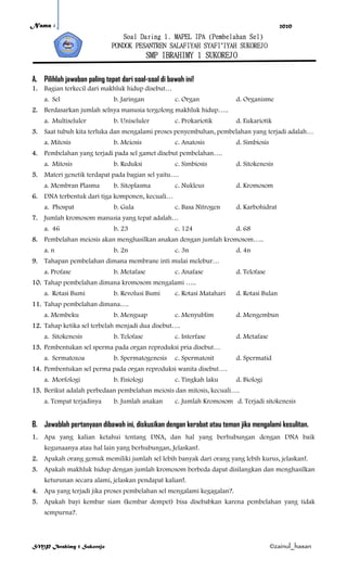 Daring 1. soal latihan pembelahan sel | PDF