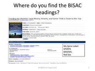 Where do you find the BISAC headings?My Spine Label:SPORTSBASEBALRed Sox5NH READS Fall Program 2011