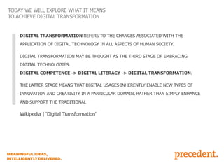 TODAY WE WILL EXPLORE WHAT IT MEANS
TO ACHIEVE DIGITAL TRANSFORMATION

DIGITAL TRANSFORMATION REFERS TO THE CHANGES ASSOCIATED WITH THE
APPLICATION OF DIGITAL TECHNOLOGY IN ALL ASPECTS OF HUMAN SOCIETY.
DIGITAL TRANSFORMATION MAY BE THOUGHT AS THE THIRD STAGE OF EMBRACING

DIGITAL TECHNOLOGIES:
DIGITAL COMPETENCE -> DIGITAL LITERACY -> DIGITAL TRANSFORMATION.
THE LATTER STAGE MEANS THAT DIGITAL USAGES INHERENTLY ENABLE NEW TYPES OF
INNOVATION AND CREATIVITY IN A PARTICULAR DOMAIN, RATHER THAN SIMPLY ENHANCE

AND SUPPORT THE TRADITIONAL

Wikipedia | ‘Digital Transformation’

 
