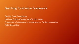Teaching Excellence Framework
Quality Code Compliance
National Student Survey satisfaction scores
Proportion of graduates in employment / further education
Retention rates
 