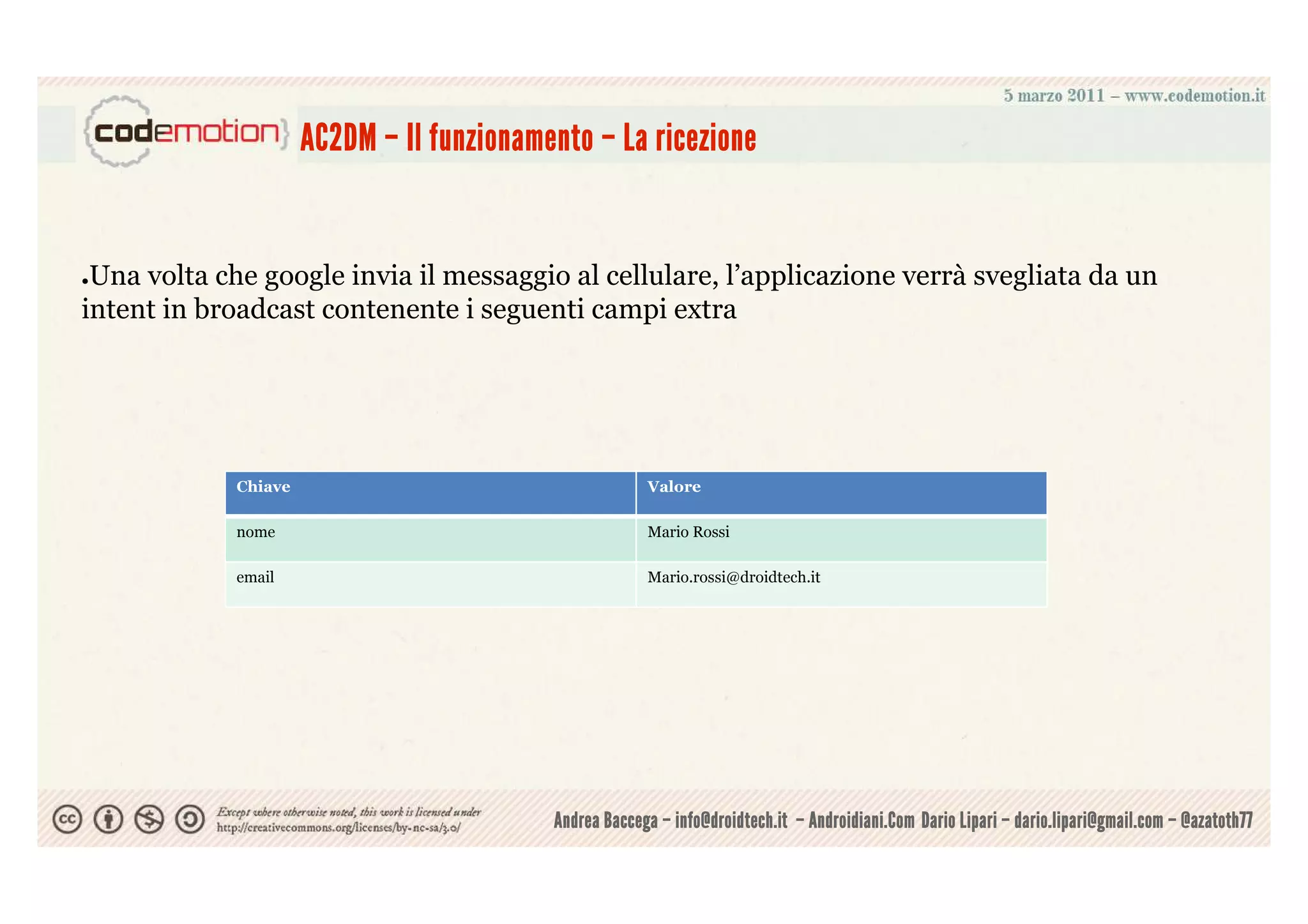 AC2DM – Il funzionamento – La ricezione


●Una volta che google invia il messaggio al cellulare, l’applicazione verrà svegliata da un
intent in broadcast contenente i seguenti campi extra




             Chiave                                     Valore

             nome                                       Mario Rossi

             email                                      Mario.rossi@droidtech.it




                                           Andrea Baccega – info@droidtech.it – Androidiani.Com Dario Lipari – dario.lipari@gmail.com – @azatoth77
 