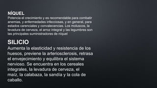 NÍQUEL
Potencia el crecimiento y es recomendable para combatir
anemias, y enfermedades infecciosas, y en general, para
estados carenciales y convalecencias. Los moluscos, la
levadura de cerveza, el arroz integral y las legumbres son
las principales suministradores de níquel

SILICIO
Aumenta la elasticidad y resistencia de los
huesos, previene la arteriosclerosis, retrasa
el envejecimiento y equilibra el sistema
nervioso. Se encuentra en los cereales
integrales, la levadura de cerveza, el
maíz, la calabaza, la sandía y la cola de
caballo.

 