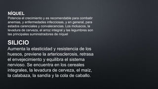 NÍQUEL
Potencia el crecimiento y es recomendable para combatir
anemias, y enfermedades infecciosas, y en general, para
estados carenciales y convalecencias. Los moluscos, la
levadura de cerveza, el arroz integral y las legumbres son
las principales suministradores de níquel

SILICIO
Aumenta la elasticidad y resistencia de los
huesos, previene la arteriosclerosis, retrasa
el envejecimiento y equilibra el sistema
nervioso. Se encuentra en los cereales
integrales, la levadura de cerveza, el maíz,
la calabaza, la sandía y la cola de caballo.

 