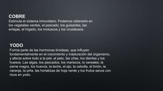 COBRE
Estimula el sistema inmunitario. Podemos obtenerlo en
los vegetales verdes, el pescado, los guisantes, las
entejas, el hígado, los moluscos y los crustáceos.

YODO
Forma parte de las hormonas tiroideas, que influyen
fundamentalmente en el crecimiento y maduración del organismo,
y afecta sobre todo a la piel, el pelo, las uñas, los dientes y los
huesos. Las algas, los pescados, los mariscos, lo cereales, la
carne magra, los huevos, la leche, el ajo, la cebolla, el limón, la
naranja, la piña, las hortalizas de hoja verde y los frutos secos con
ricos en yodo.

 