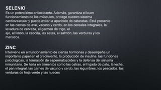 SELENIO
Es un potentísimo antioxidante. Además, garantiza el buen
funcionamiento de los músculos, protege nuestro sistema
cardiovascular y puede evitar la aparición de cataratas. Está presente
en las carnes de ave, vacuno y cerdo, en los cereales integrales, la
levadura de cerveza, el germen de trigo, el
ajo, el limón, la cebolla, las setas, el salmón, las verduras y los
mariscos.

ZINC
Interviene en el funcionamiento de ciertas hormonas y desempeña un
importante papel en el crecimiento, la producción de insulina, las funciones
psicológicas, la formación de espermatozoides y la defensa del sistema
inmunitario. Se halla en alimentos como las ostras, el hígado de pato, la leche,
el pan integral, las carnes de vacuno y cerdo, las legumbres, los pescados, las
verduras de hoja verde y las nueces

 