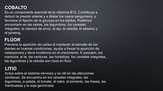 COBALTO
Es un componente esencial de la vitamina B12. Contribuye a
reducir la presión arterial y a dilatar los vasos sanguíneos, y
favorece la fijación de la glucosa en los tejidos. Podemos
encontrarlo en las ostras, las legumbres, los cereales
integrales, la cáscara de arroz, el ajo, la cebolla, el sésamo y
el ginseng.

FLÚOR
Previene la aparición de caries al mantener el esmalte de los
dientes en buenas condiciones, ayuda a frenar la aparición de
osteoporosis y tiene incidencia en el crecimiento. E pescado, los
mariscos, el te, las verduras, las hortalizas, los cereales integrales,
las legumbres y la cebolla son ricos en flúor.

LITIO
Actúa sobre el sistema nervioso y es útil en las afecciones
cardiacas. Se encuentra en los cereales integrales, las
legumbres, a patata, el tomate, el nabo, el pimiento, las fresas, las
frambuesas y la soja germinada.

 
