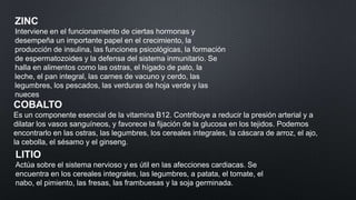 ZINC
Interviene en el funcionamiento de ciertas hormonas y
desempeña un importante papel en el crecimiento, la
producción de insulina, las funciones psicológicas, la formación
de espermatozoides y la defensa del sistema inmunitario. Se
halla en alimentos como las ostras, el hígado de pato, la
leche, el pan integral, las carnes de vacuno y cerdo, las
legumbres, los pescados, las verduras de hoja verde y las
nueces

COBALTO
Es un componente esencial de la vitamina B12. Contribuye a reducir la presión arterial y a
dilatar los vasos sanguíneos, y favorece la fijación de la glucosa en los tejidos. Podemos
encontrarlo en las ostras, las legumbres, los cereales integrales, la cáscara de arroz, el ajo,
la cebolla, el sésamo y el ginseng.

LITIO
Actúa sobre el sistema nervioso y es útil en las afecciones cardiacas. Se
encuentra en los cereales integrales, las legumbres, a patata, el tomate, el
nabo, el pimiento, las fresas, las frambuesas y la soja germinada.

 
