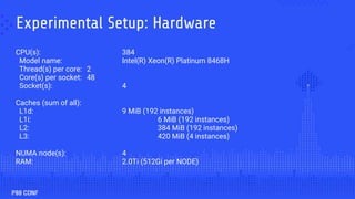 Experimental Setup: Hardware
CPU(s): 384
Model name: Intel(R) Xeon(R) Platinum 8468H
Thread(s) per core: 2
Core(s) per socket: 48
Socket(s): 4
Caches (sum of all):
L1d: 9 MiB (192 instances)
L1i: 6 MiB (192 instances)
L2: 384 MiB (192 instances)
L3: 420 MiB (4 instances)
NUMA node(s): 4
RAM: 2.0Ti (512Gi per NODE)
 