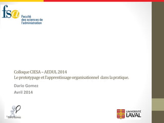 Dario Gomez
ColloqueCIESA–AEDUL2014
Leprototypageetl’apprentissageorganisationnel danslapratique.
Dario Gomez
Avril 2014
 