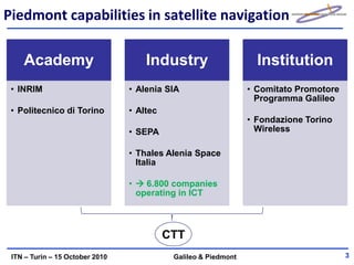Piedmont capabilities in satellite navigation

    Academy                          Industry                      Institution
 • INRIM                         • Alenia SIA                    • Comitato Promotore
                                                                   Programma Galileo
 • Politecnico di Torino         • Altec
                                                                 • Fondazione Torino
                                 • SEPA                            Wireless

                                 • Thales Alenia Space
                                   Italia

                                 •  6.800 companies
                                   operating in ICT



                                           CTT
 ITN – Turin – 15 October 2010              Galileo & Piedmont                          3
 