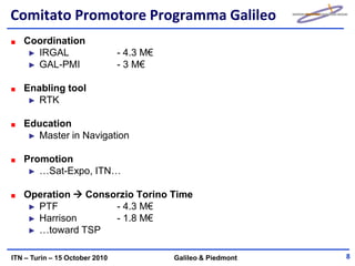 Comitato Promotore Programma Galileo
   Coordination
    ► IRGAL                     - 4.3 M€
    ► GAL-PMI                   - 3 M€

   Enabling tool
    ► RTK


   Education
    ► Master in Navigation


   Promotion
    ► …Sat-Expo, ITN…


   Operation  Consorzio Torino Time
    ► PTF           - 4.3 M€
    ► Harrison      - 1.8 M€
    ► …toward TSP


ITN – Turin – 15 October 2010              Galileo & Piedmont   8
 