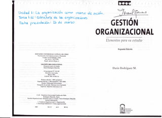 Unidad H :La 0raa^«zaoov? roa roo de
^x
Tema I-tí: €5^txjcWfai ¿e
GESTIÓN
ORGANIZACIONAL
Elementos para su estudio
Segunda Edición
EDICIONES UNIVERSIDAD CATÓLICA DE CHILE
Vicerrectoría de Comunicaciones y Extensión
Casilla 114-D Santiago, Chile
Fax (56-2) - 635 4789
Email: mrivervl@puc.cl
GESTIÓN ORGANIZACIONAL
Elementos para nú estudio
Darío Rodríguez Mansilla
© Inscripción N° 118.102
Derechos reservados
Marzo 2001
I.S.B.N. 956-14-0613-6
Primera edición: 1.000 ejemplares
Segunda edición: 1.500 ejemplares, abril 2002
Diseño: Publicidad Universitaria
Fotografía de portada: Mariana Assis Garibaldi
Impresor: Imprenta Salesianos S.A.
Darío Rodríguez M.
C.I.P. - Pontificia Universidad Católica de Chile
Rodríguez Mansilla, Darío
Gestión Organizacional: elementos para su estudio / Darío Rodríguez Mansilla
Incluye bibliografía
1. Conducta Organizacional 2. Organización.
3. Sociología Industrial4. ClimaOrganizacional.
302.35 dc21 RCA2
EDICIONES
U1IVKKSÍDAD
CATÓLICA
DF. CHILE
 