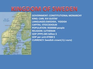 GOVERNMENT: CONSTITUTIONAL MONARCHY
KING: CARL XVI GUSTAF
LANGUAGES:SWEDISH, YIDDISH
CAPITAL: STOCCKHOLM
POPULATION: 9500000 people
RELIGION: LUTHERAN
GDP (PPP):385 billion $
GDP per unit:47000 $
CURRENCY: Swedish crown( 0,1 euro)
 