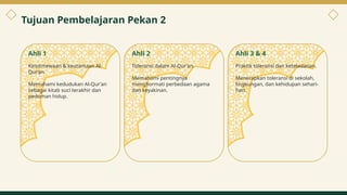 Tujuan Pembelajaran Pekan 2
Ahli 1
Keistimewaan & keutamaan Al-
Qur’an.
Memahami kedudukan Al-Qur’an
sebagai kitab suci terakhir dan
pedoman hidup.
Ahli 2
Toleransi dalam Al-Qur’an.
Memahami pentingnya
menghormati perbedaan agama
dan keyakinan.
Ahli 3 & 4
Praktik toleransi dan keteladanan.
Menerapkan toleransi di sekolah,
lingkungan, dan kehidupan sehari-
hari.
2
 