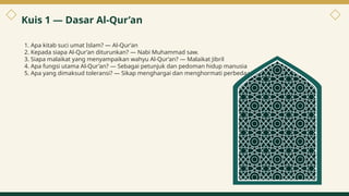 1. Apa kitab suci umat Islam? — Al-Qur’an
2. Kepada siapa Al-Qur’an diturunkan? — Nabi Muhammad saw.
3. Siapa malaikat yang menyampaikan wahyu Al-Qur’an? — Malaikat Jibril
4. Apa fungsi utama Al-Qur’an? — Sebagai petunjuk dan pedoman hidup manusia
5. Apa yang dimaksud toleransi? — Sikap menghargai dan menghormati perbedaan
Kuis 1 — Dasar Al-Qur’an
8
 