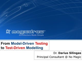 From Model-Driven Testing
to Test-Driven Modelling
Dr. Darius Silingas
Principal Consultant @ No Magic
 