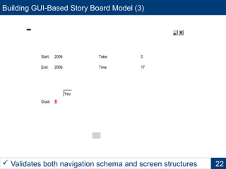Building GUI-Based Story Board Model (3)
22 Validates both navigation schema and screen structures
Evaluation
Start:
End: 2009-05-29
2009-05-28 Taken Breaks:
Time elapsed (in Minutes): 17
0
Grade:
You finished the test quite well. You've made only 2 mistakes.
Keep it this way and you will finish other tests also.
Maybe even better if you concentrate a little bit more and
take more time for thinking about the questions.
8
Finish
 