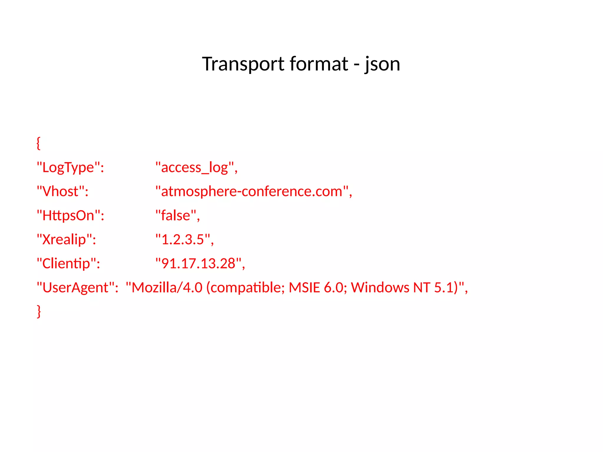 Transport format - json
{
"LogType": "access_log",
"Vhost": "atmosphere-conference.com",
"HtpsOn": "false",
"Xrealip": "1.2.3.5",
"Clientp": "91.17.13.28",
"UserAgent": "Mozilla/4.0 (compatble; MSIE 6.0; Windows NT 5.1)",
}
 