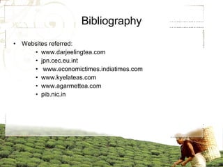 Bibliography Websites referred: www.darjeelingtea.com jpn.cec.eu.int   www.economictimes.indiatimes.com www.kyelateas.com www.agarmettea.com pib.nic.in 